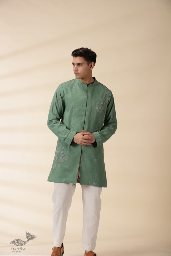 shop Handwoven Cotton - Green Jacket Style Men Long Kurta 