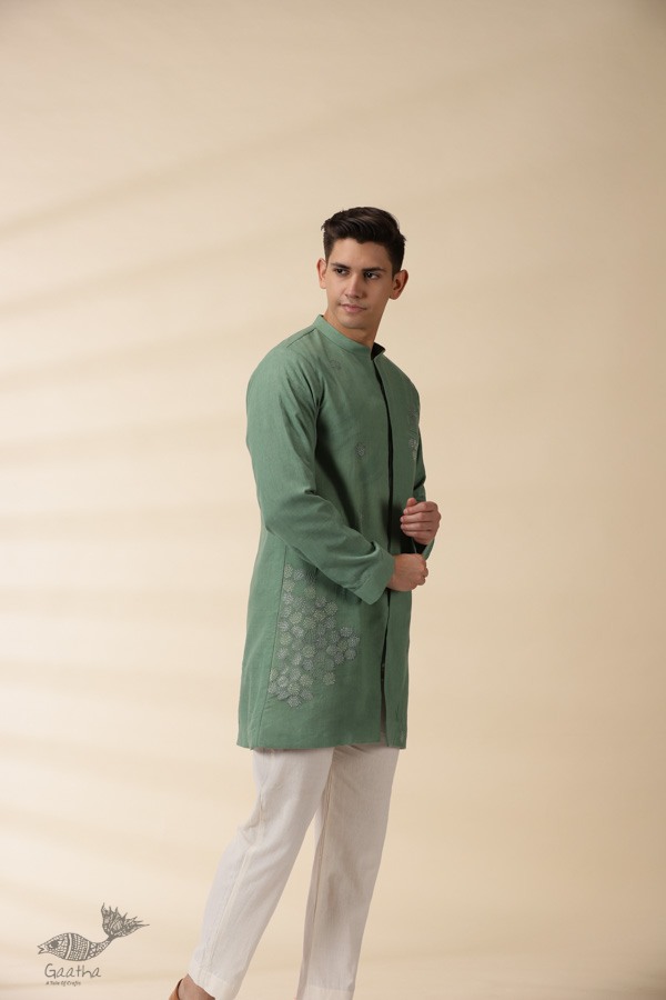 shop Handwoven Cotton - Green Jacket Style Men Long Kurta 