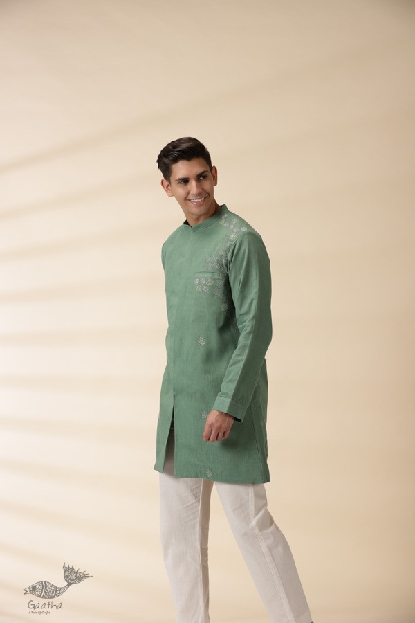 shop Handwoven Cotton - Green Jacket Style Men Long Kurta 