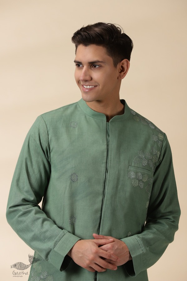 shop Handwoven Cotton - Green Jacket Style Men Long Kurta 