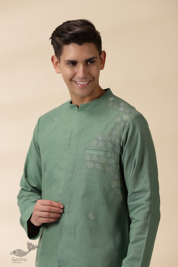 shop Handwoven Cotton - Green Jacket Style Men Long Kurta 