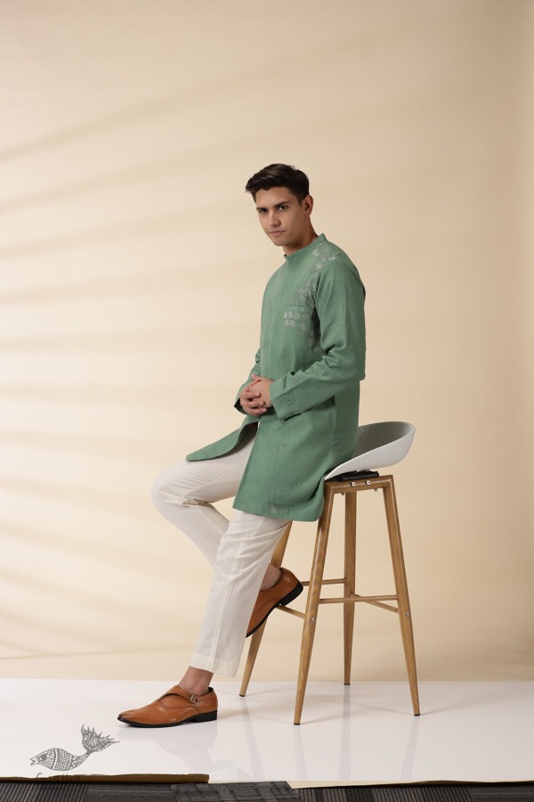 shop Handwoven Cotton - Green Jacket Style Men Long Kurta 