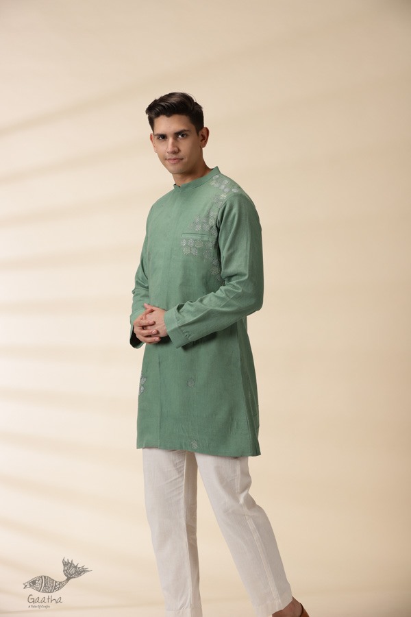 shop Handwoven Cotton - Green Jacket Style Men Long Kurta 