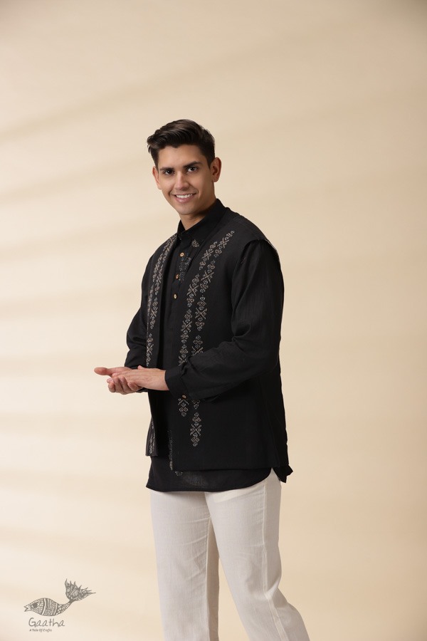 shop Handloom Cotton -  Black Men Nehru Jacket