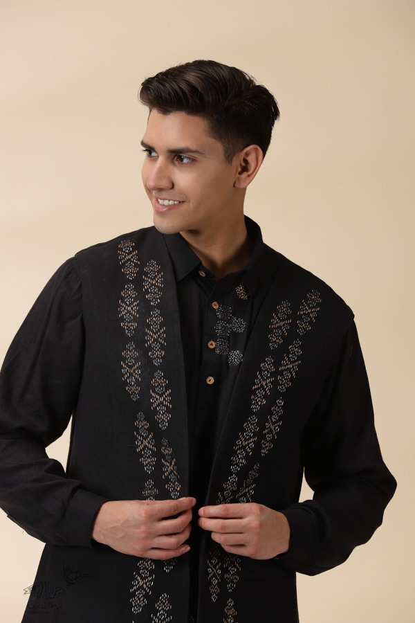 shop Handloom Cotton -  Black Men Nehru Jacket