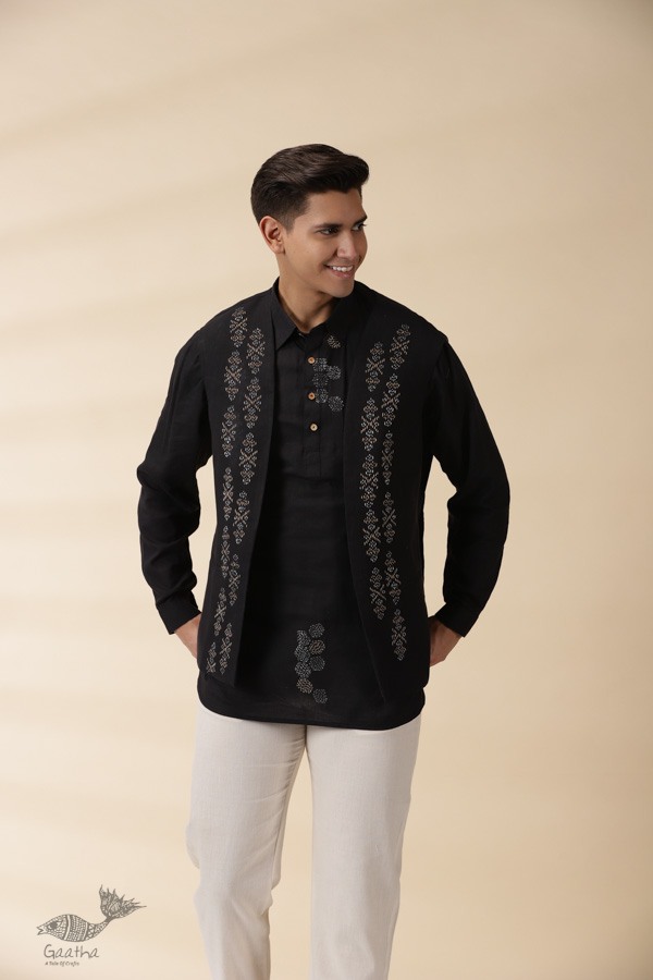 shop Handloom Cotton -  Black Men Nehru Jacket