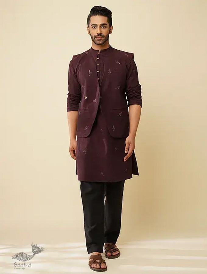 shop Handwoven Cotton - Purple Cotton Long Kurta With Jacket (Set of 2) 