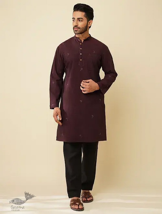 shop Handwoven Cotton - Purple Cotton Long Kurta With Jacket (Set of 2) 