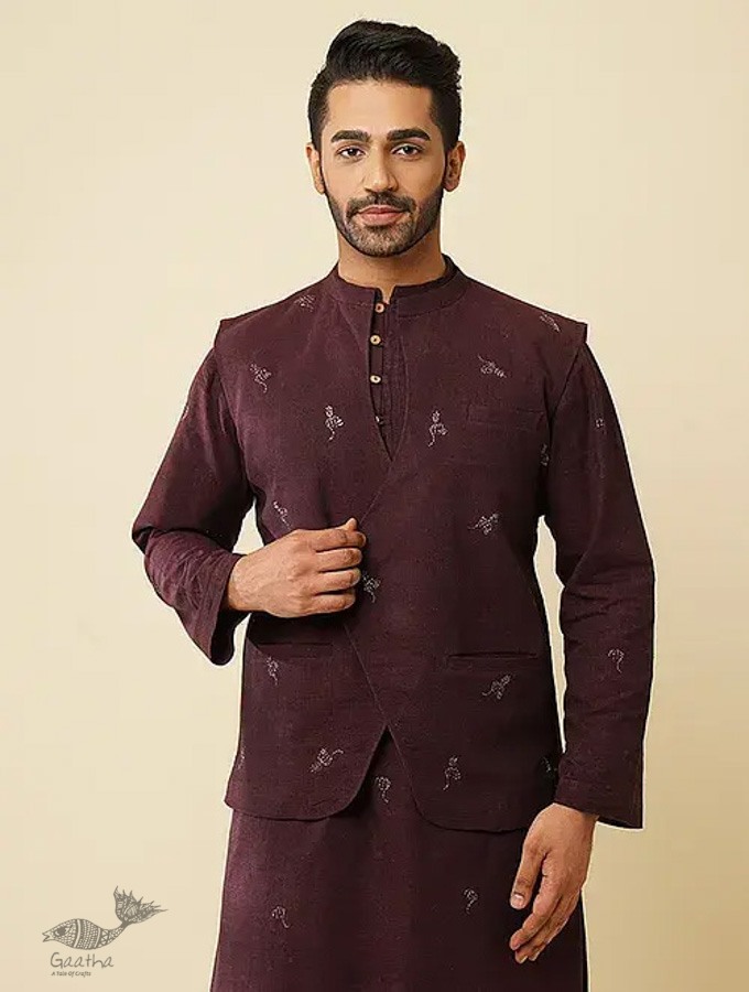 shop Handwoven Cotton - Purple Cotton Long Kurta With Jacket (Set of 2) 