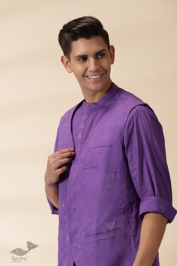 shop Handwoven Cotton - Purple Men Kantha Work Long Kurta With Jacket (Set of Two)