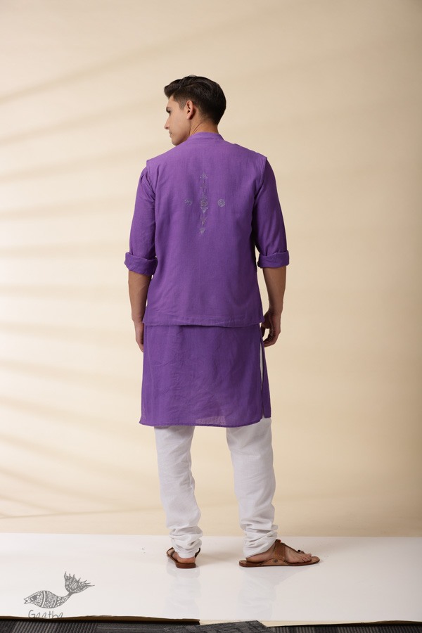 shop Handwoven Cotton - Purple Men Kantha Work Long Kurta With Jacket (Set of Two)