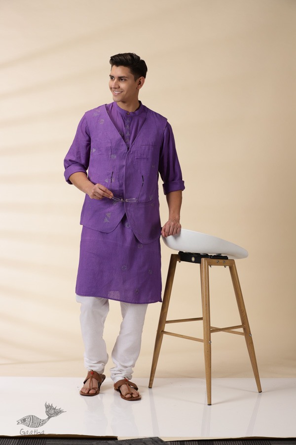 shop Handwoven Cotton - Purple Men Kantha Work Long Kurta With Jacket (Set of Two)