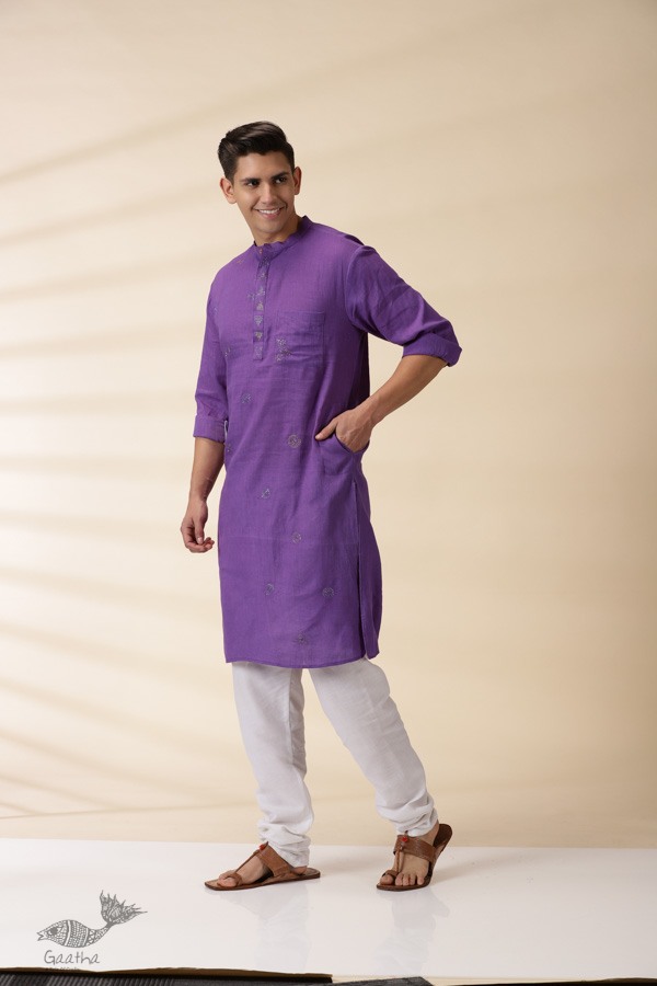 shop Handwoven Cotton - Purple Men Kantha Work Long Kurta With Jacket (Set of Two)