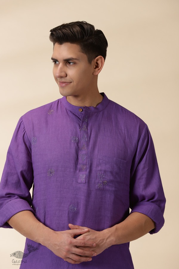 shop Handwoven Cotton - Purple Men Kantha Work Long Kurta With Jacket (Set of Two)