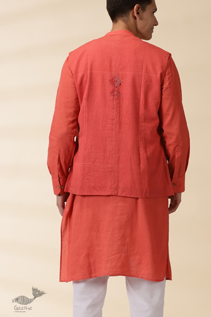 shop Handwoven Cotton - Orange Men's Yoke Kurta With Jacket (Set of Two)