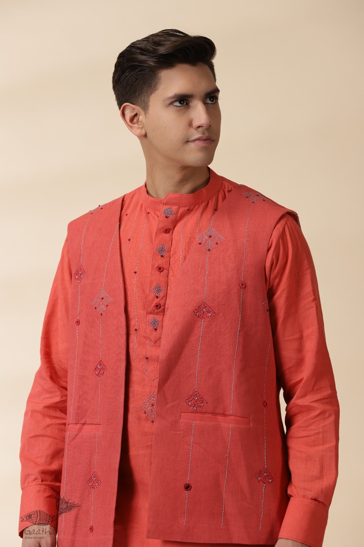 shop Handwoven Cotton - Orange Men's Yoke Kurta With Jacket (Set of Two)