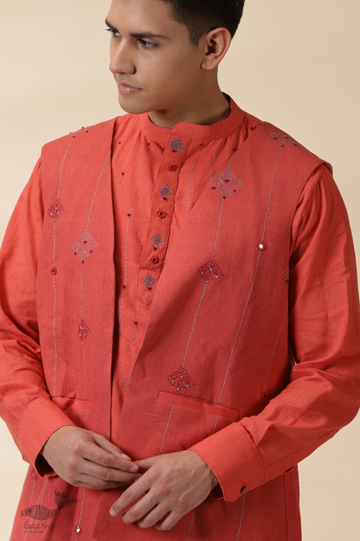 shop Handwoven Cotton - Orange Men's Yoke Kurta With Jacket (Set of Two)