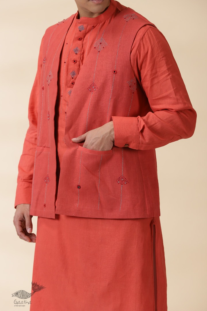 shop Handwoven Cotton - Orange Men's Yoke Kurta With Jacket (Set of Two)