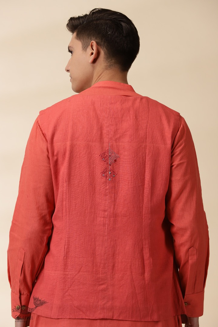shop Handwoven Cotton - Orange Men's Yoke Kurta With Jacket (Set of Two)