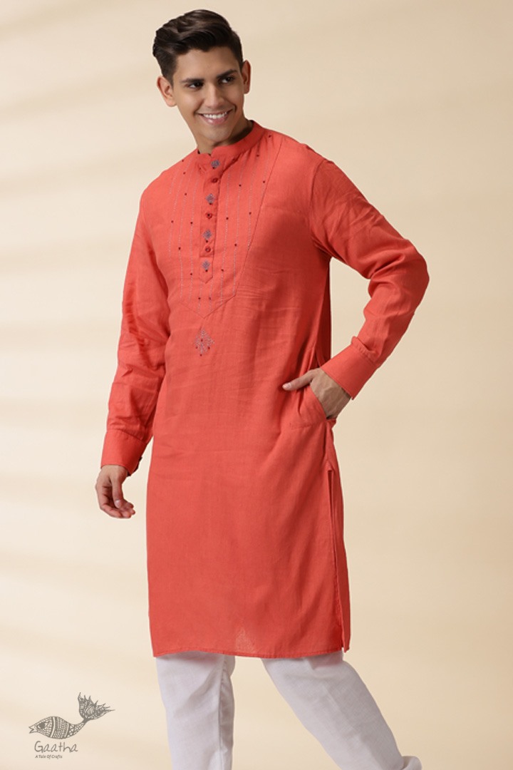 shop Handwoven Cotton - Orange Men's Yoke Kurta With Jacket (Set of Two)