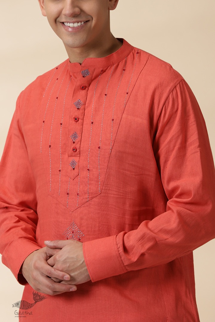 shop Handwoven Cotton - Orange Men's Yoke Kurta With Jacket (Set of Two)