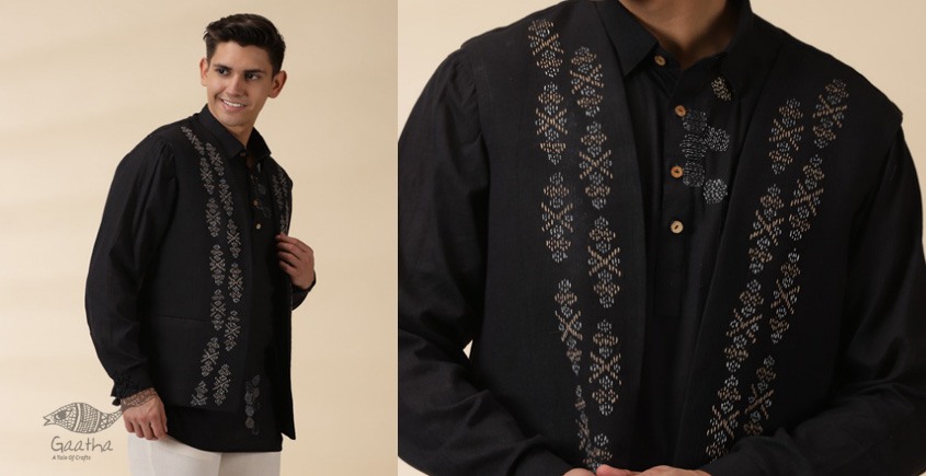 shop Handloom Cotton -  Black Men Nehru Jacket