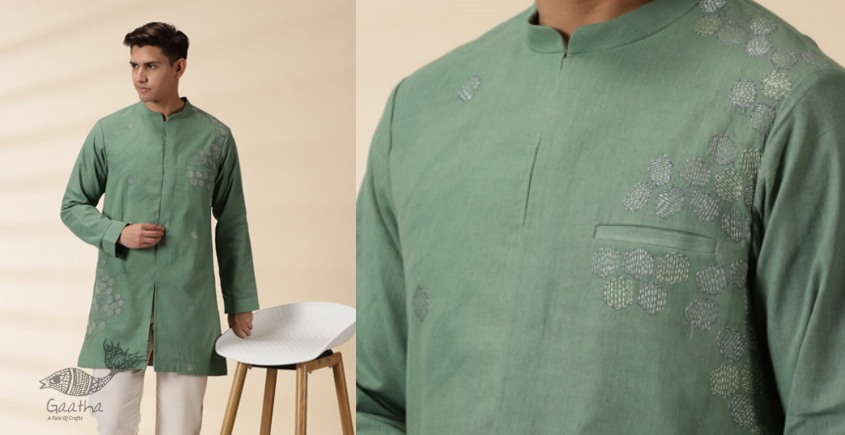 shop Handwoven Cotton - Green Jacket Style Men Long Kurta 