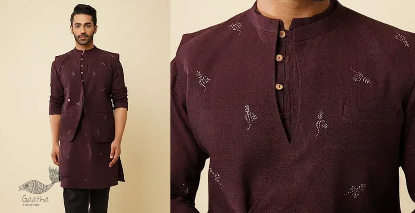 shop Handwoven Cotton - Purple Cotton Long Kurta With Jacket (Set of 2) 