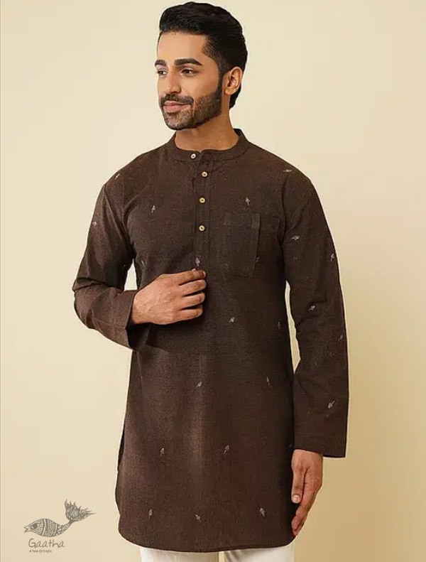 shop Handwoven Cotton - Dark Brown Cotton Kurta