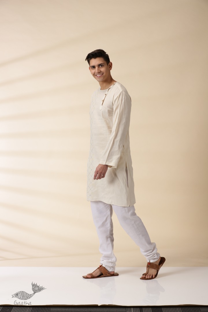 shop Handwoven Cotton - Off White Kantha Work Kurta  