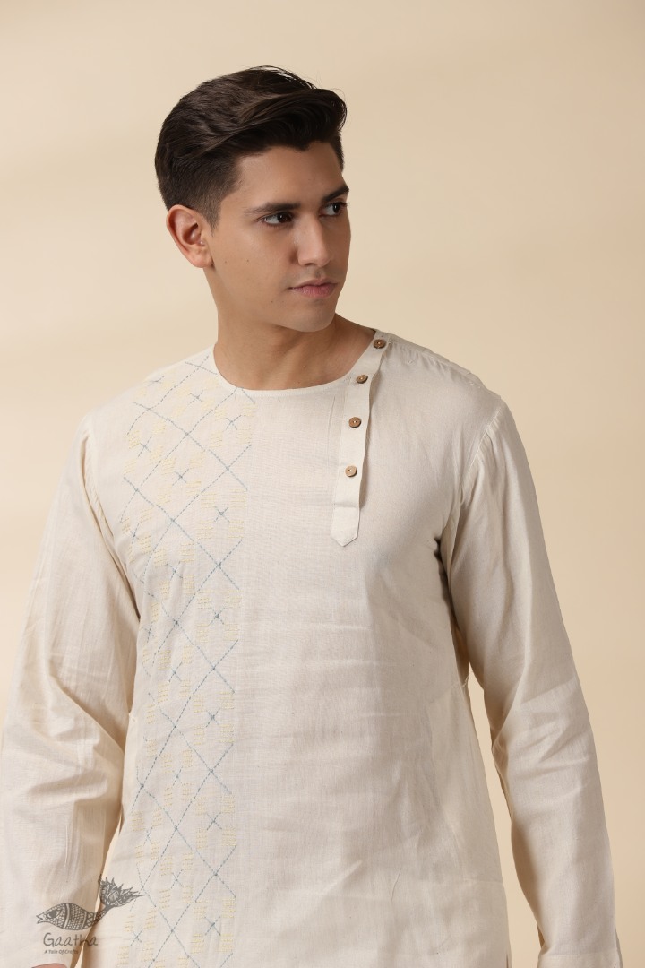 shop Handwoven Cotton - Off White Kantha Work Kurta  