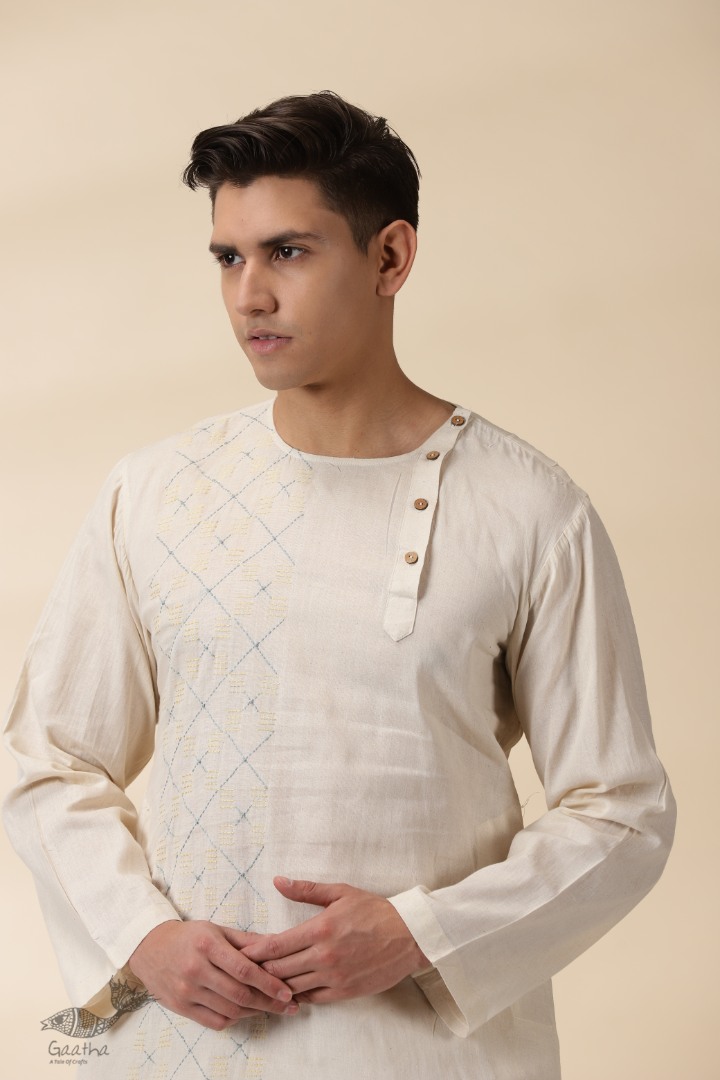 shop Handwoven Cotton - Off White Kantha Work Kurta  