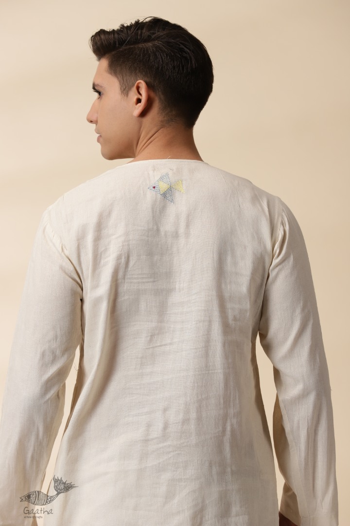 shop Handwoven Cotton - Off White Kantha Work Kurta  