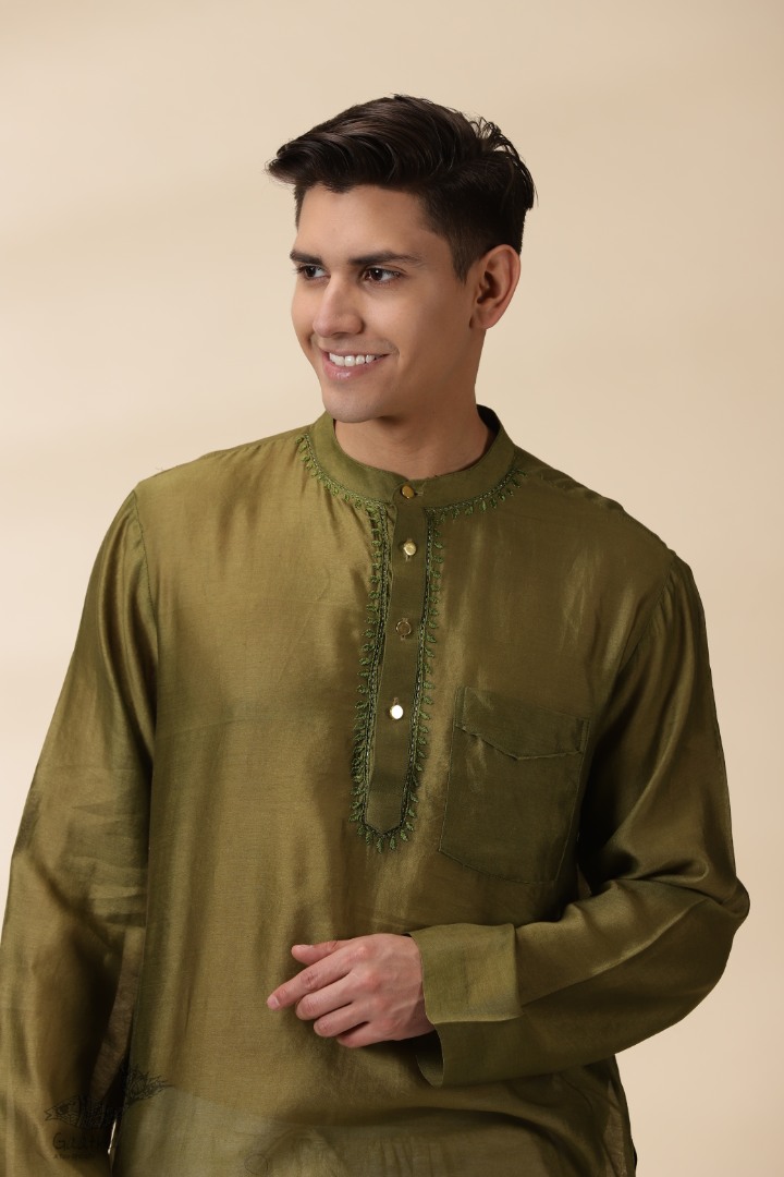 shop Handwoven - Green Men Chanderi Chikankari Kurta 