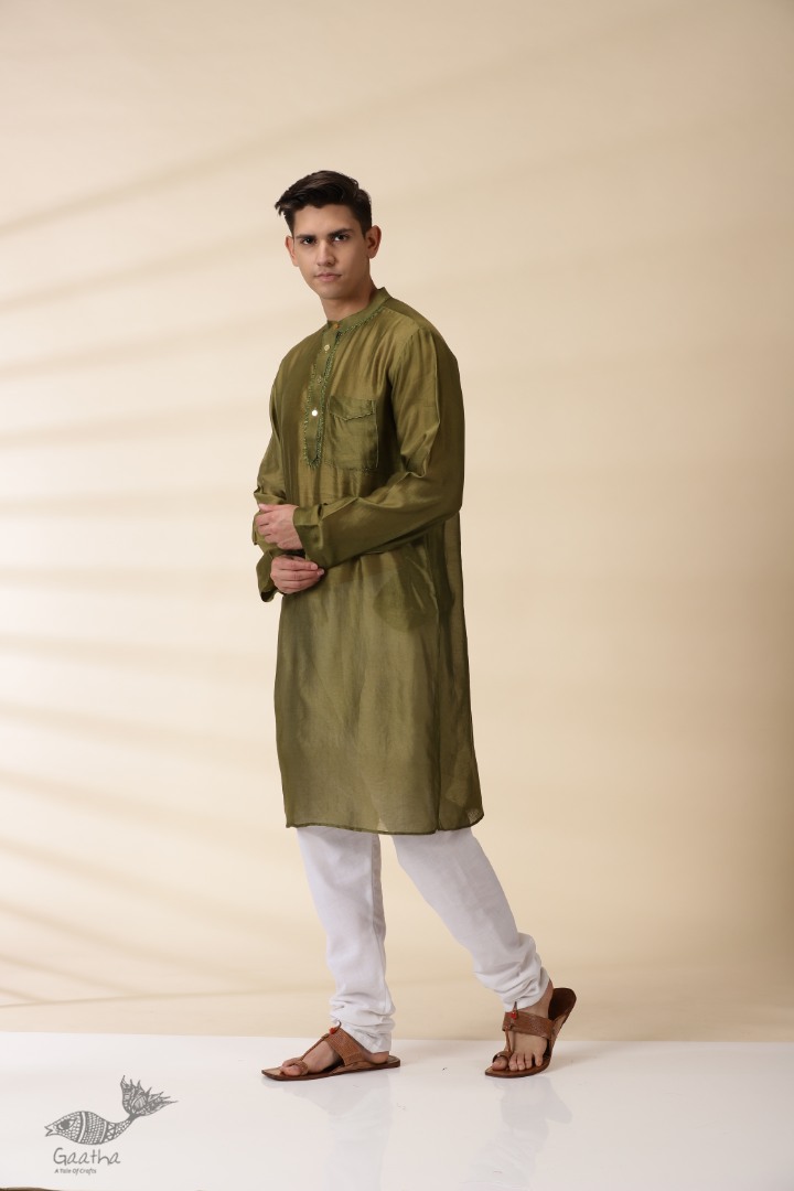 shop Handwoven - Green Men Chanderi Chikankari Kurta 