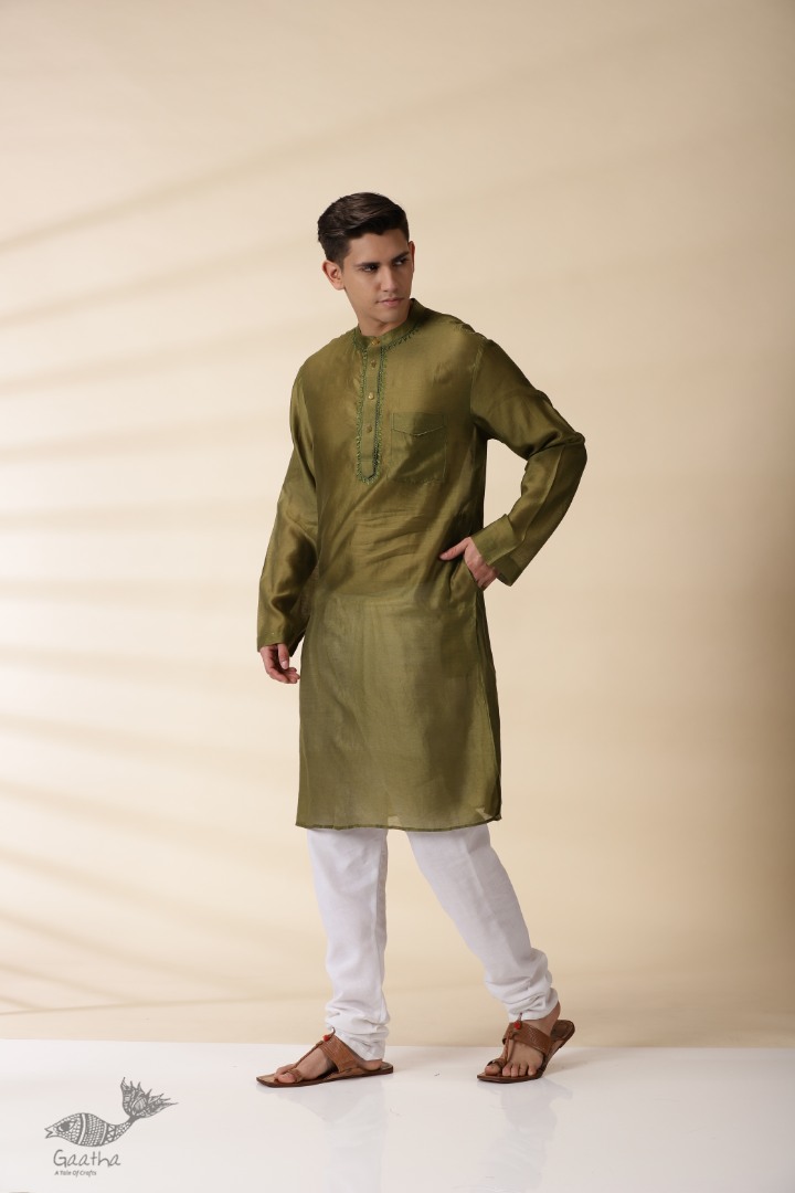 shop Handwoven - Green Men Chanderi Chikankari Kurta 