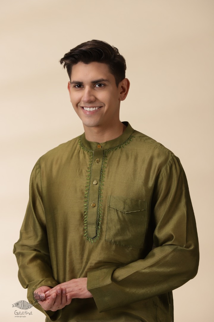 shop Handwoven - Green Men Chanderi Chikankari Kurta 