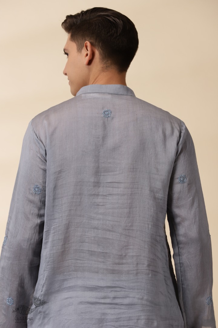 shop Handwoven - Grey Man Chanderi Chikan Kurta 