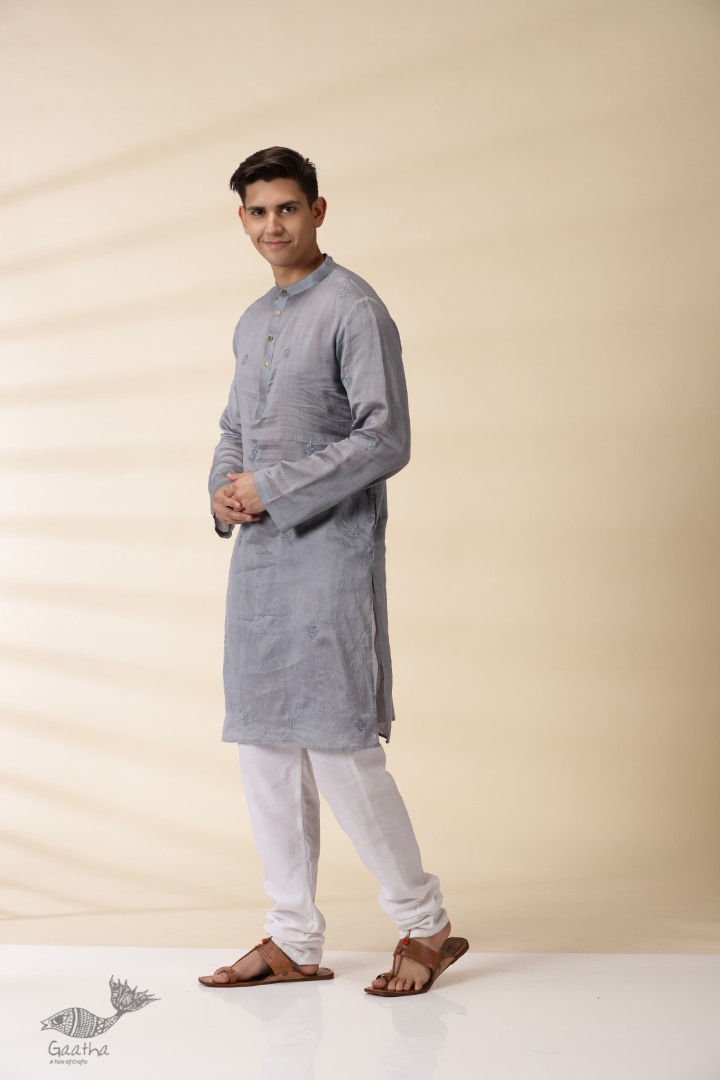 shop Handwoven - Grey Man Chanderi Chikan Kurta 