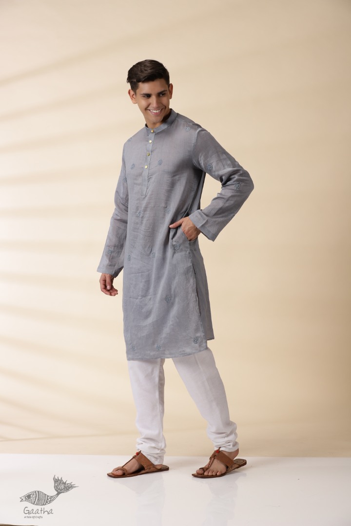 shop Handwoven - Grey Man Chanderi Chikan Kurta 