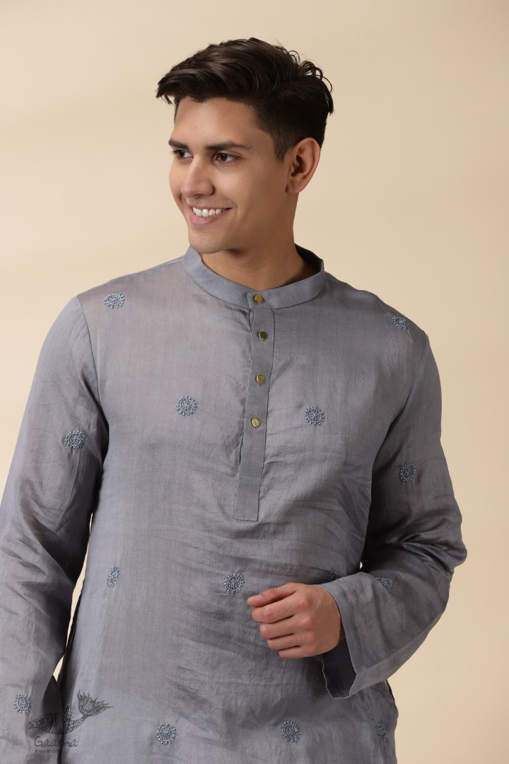 shop Handwoven - Grey Man Chanderi Chikan Kurta 