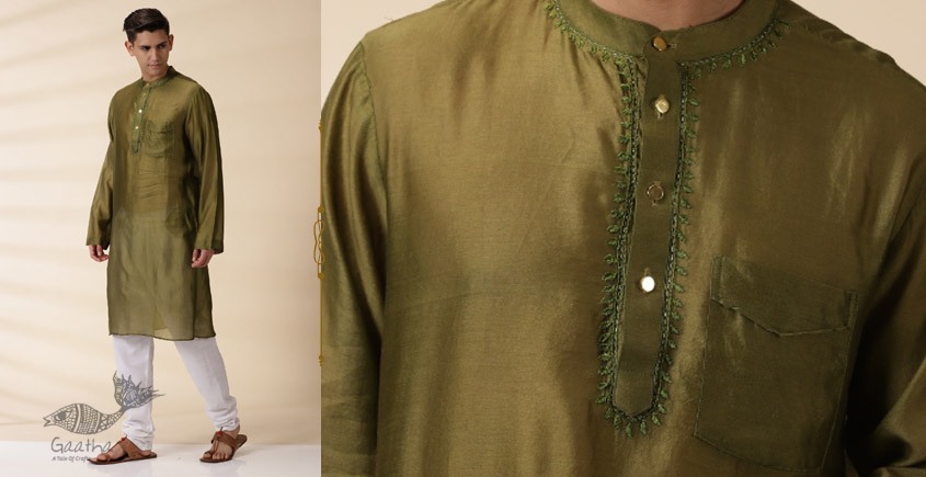 shop Handwoven - Green Men Chanderi Chikankari Kurta 