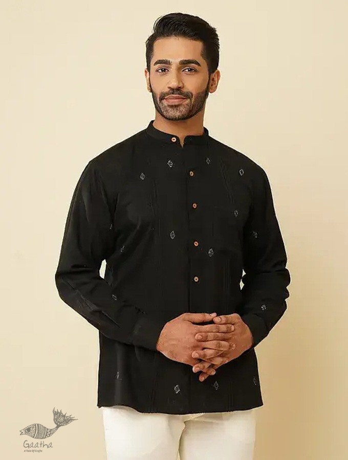 shop handloom cotton -Black Men's Handwoven Cotton Shirt