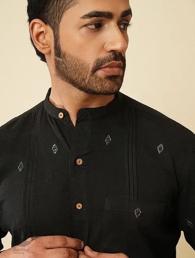 shop handloom cotton -Black Men's Handwoven Cotton Shirt