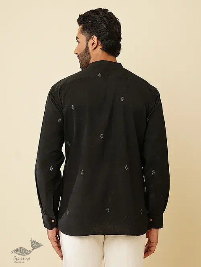 shop handloom cotton -Black Men's Handwoven Cotton Shirt