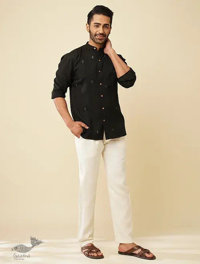 shop handloom cotton -Black Men's Handwoven Cotton Shirt