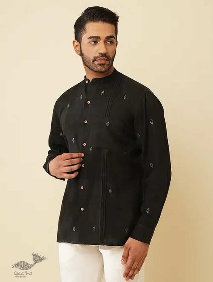 shop handloom cotton -Black Men's Handwoven Cotton Shirt