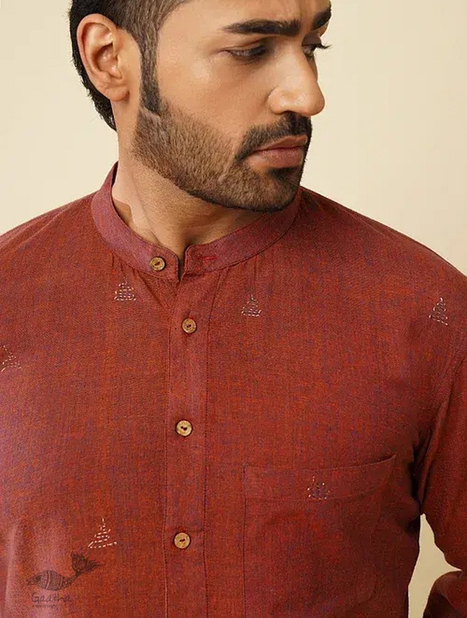 shop handloom cotton - Maroon Handwoven Man's Shirt