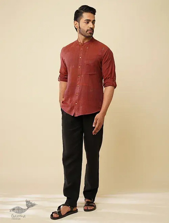 shop handloom cotton - Maroon Handwoven Man's Shirt