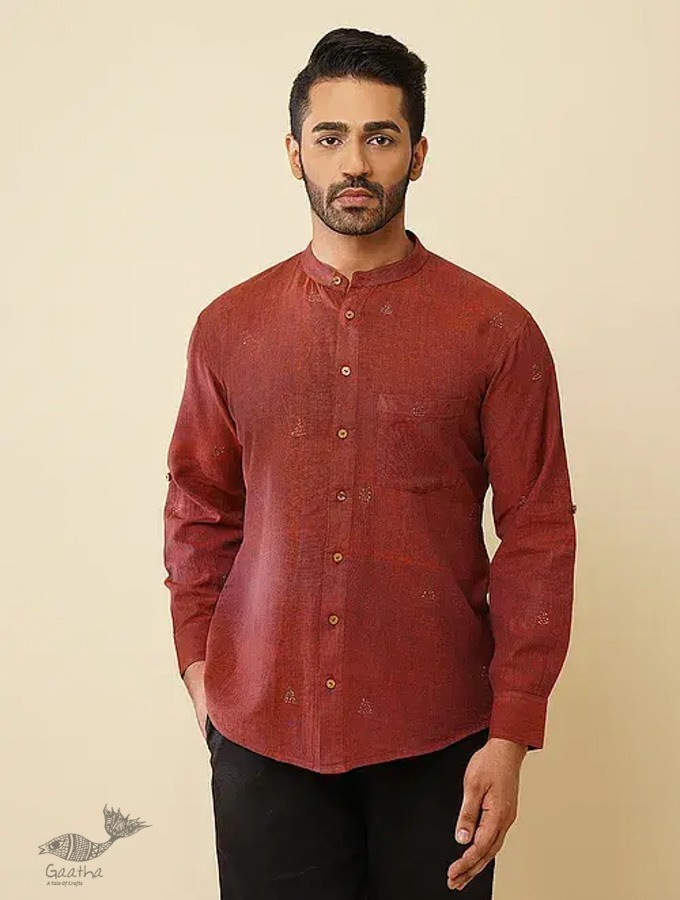 shop handloom cotton - Maroon Handwoven Man's Shirt